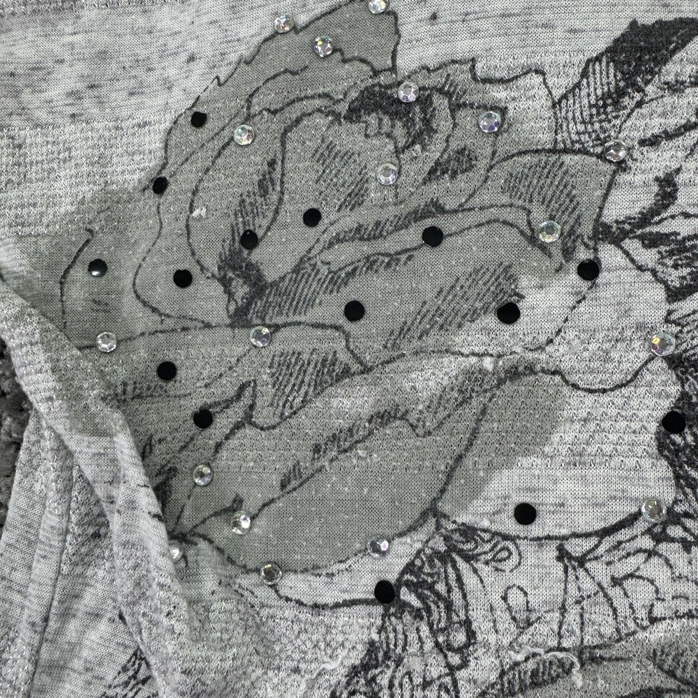 Vanity Shirt Womens Large Gray Floral Rhinestone Top Casual City Flower - Picture 11 of 16